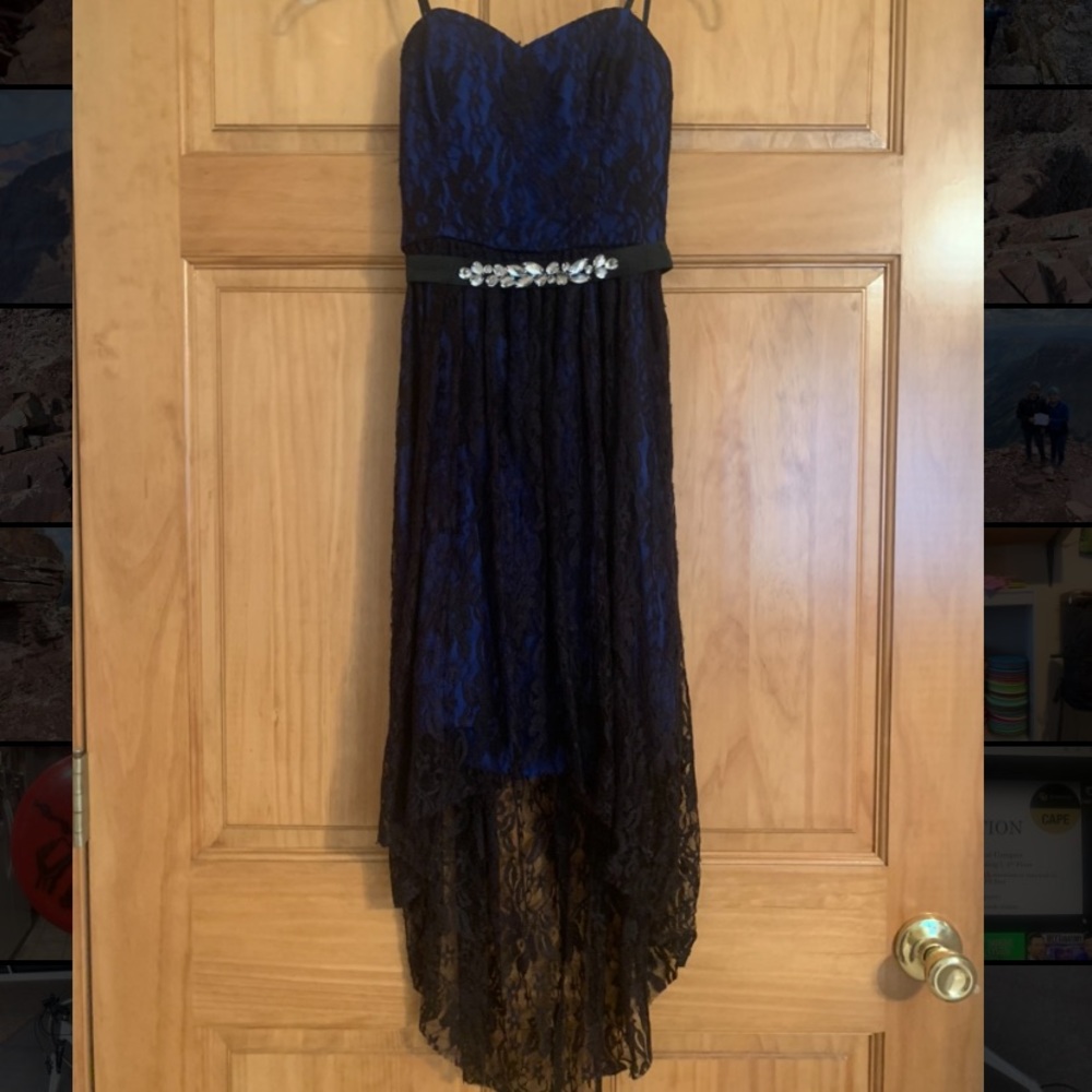 Cute Dark Blue Party Dress with High-Low Lace